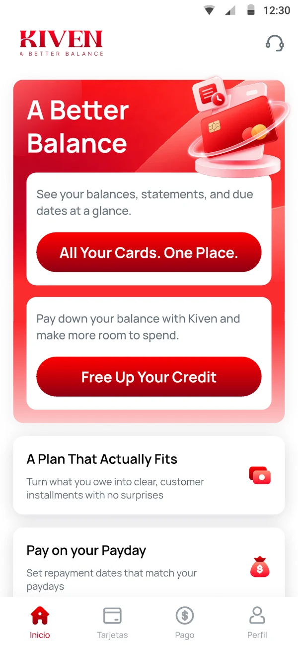 Kiven home screen: all your cards, one place